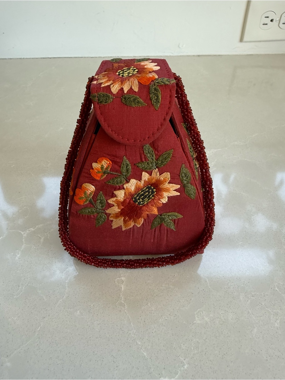 Moyna Silk Embroidered Sunflower Handbag | Beaded Handle | Rust Evening Bag